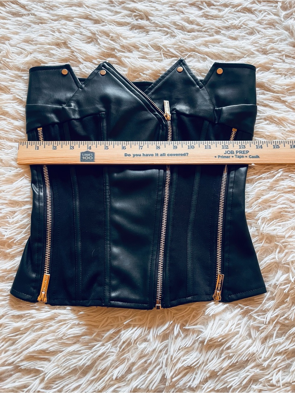 Miss Circle Women's XS Black Faux Leather Gold Zip-Front Strapless Bustier Top
